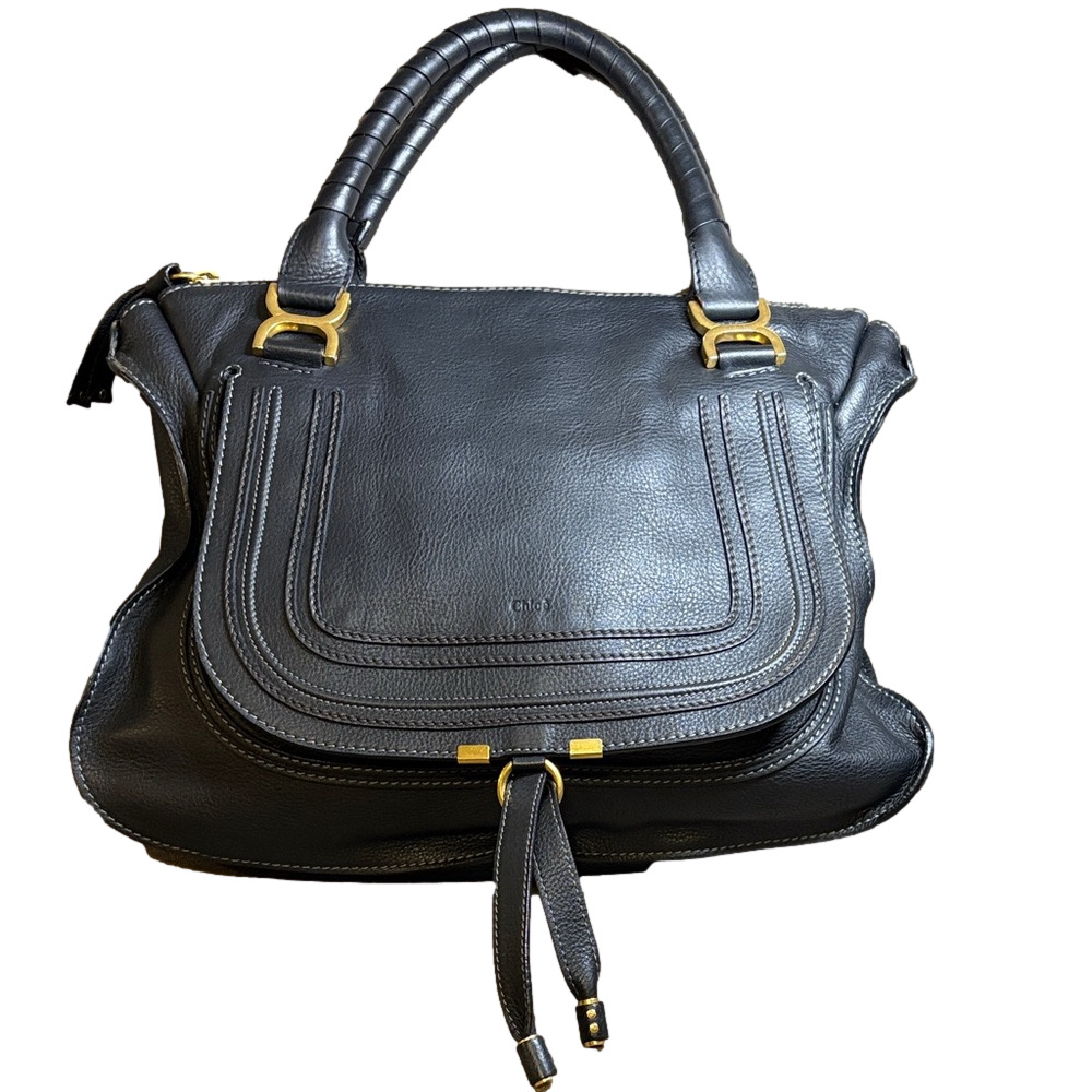 Chloe Marcie Black Leather Satchel with Gold Accents